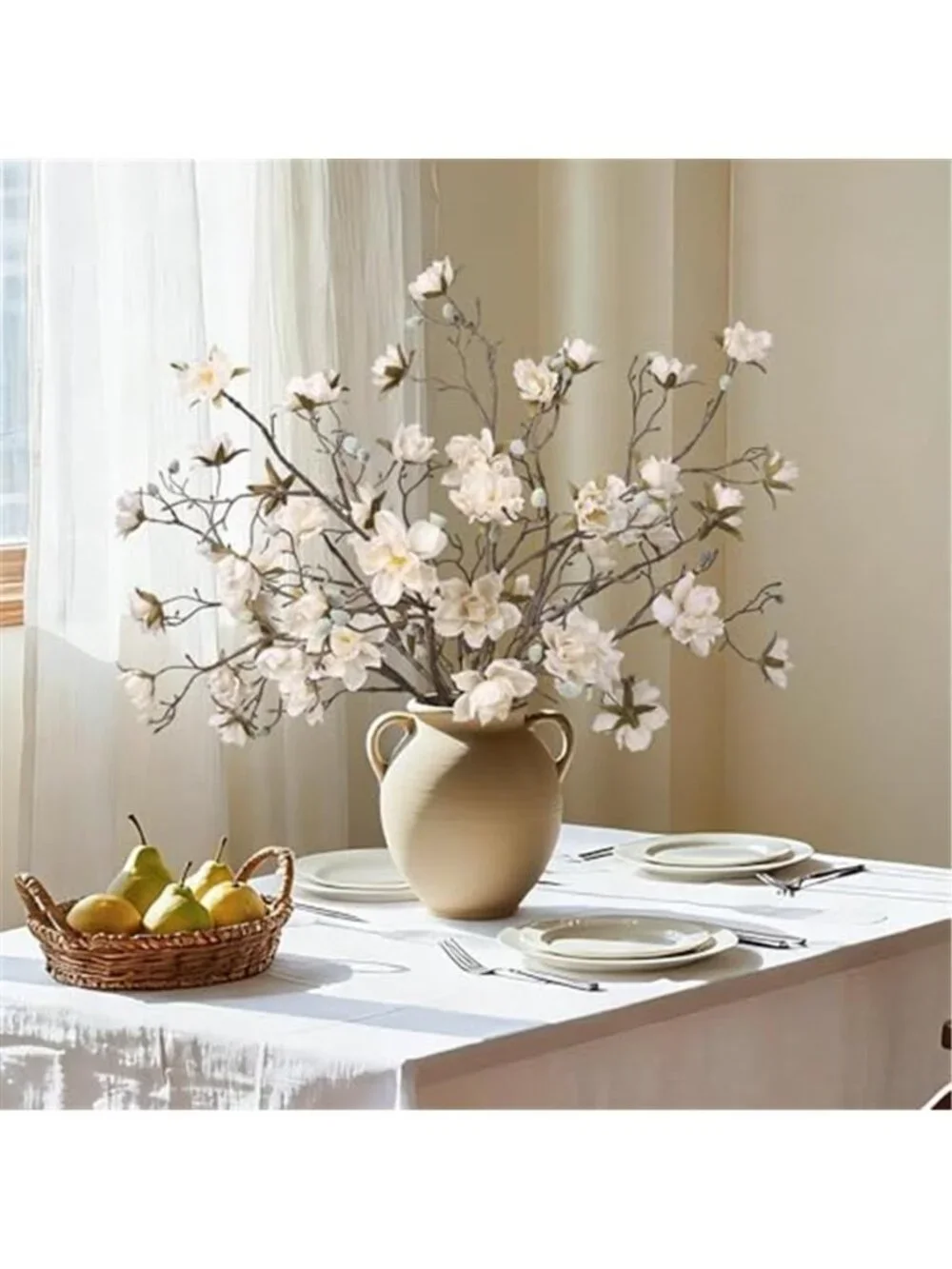 3Pcs Artificial Magnolia Flowers Stems Faux Floral Arrangement Vase Table Decor